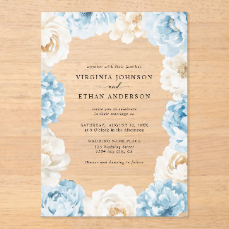 Dusty Blue Champagne Ivory Peonies Floral Wedding Acrylic Invitations