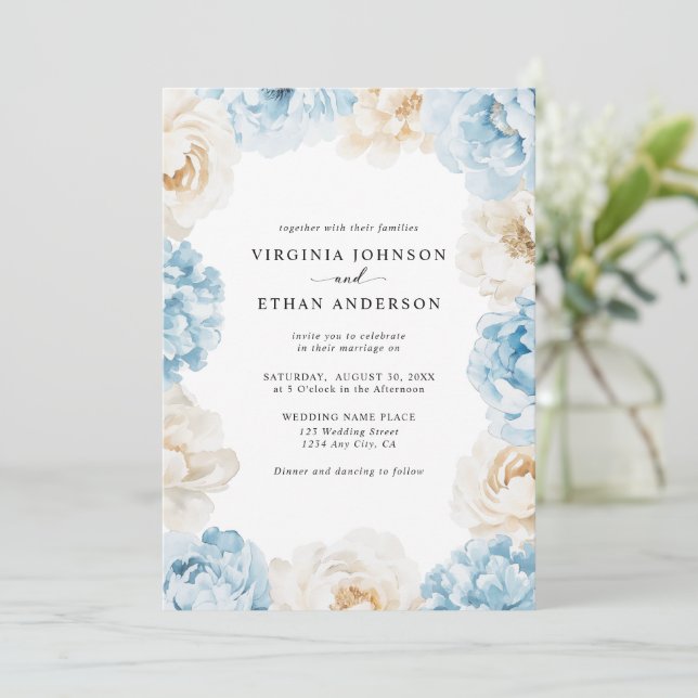 Dusty Blue Champagne Ivory Peonies Floral Wedding Invitation (Standing Front)