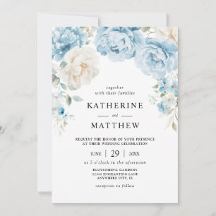 Dusty Blue Champagne Ivory Peonies Floral Wedding Invitation