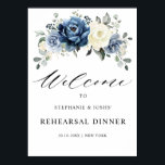 Dusty Blue Champagne Rehearsal Dinner Welcome  Poster<br><div class="desc">Dusty blue floral rehearsal dinner welcome poster featuring elegant bouquet of navy blue, royal blue , white , gold, champagne ivory, blush color rose , ranunculus flower buds and sage green eucalyptus leaves and elegant watercolor bouquet. Please contact me for any help in customization or if you need any other...</div>