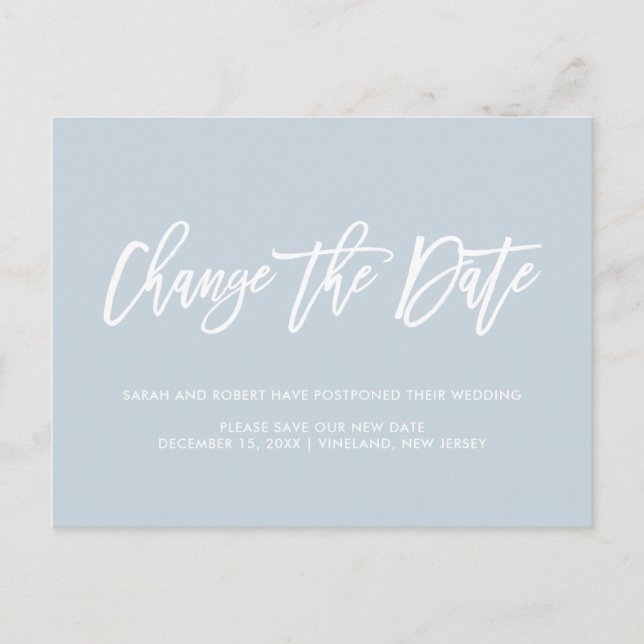 Dusty Blue Change date Postponed Cancelled wedding Announcement Postcard (Front)