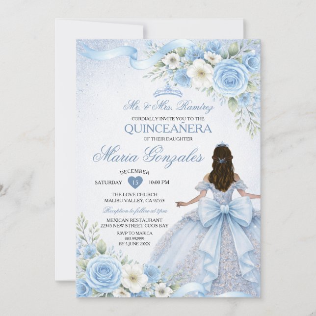 Dusty Blue Charra Princess Floral Girl Quinceañera Invitation (Front)