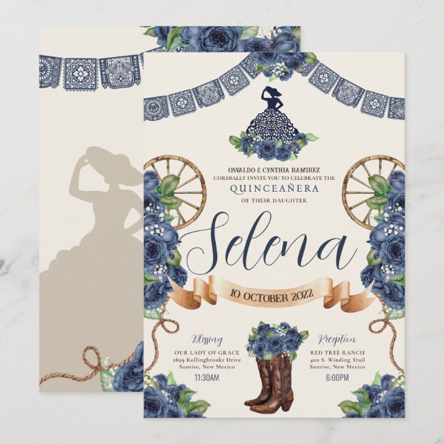 Dusty Blue Charro Quinceanera Rustic Western Rose Invitation (Front/Back)