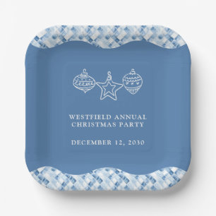Dusty Blue Check Pattern Christmas Party Paper Plate