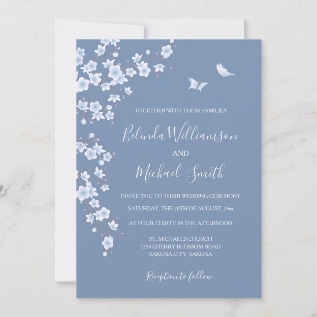 Dusty Blue Cherry Blossom | Wedding Invitation (Front)