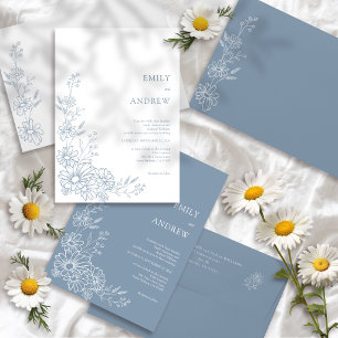 Dusty Blue Chic Botanical Daisy Garden Wedding Invitation