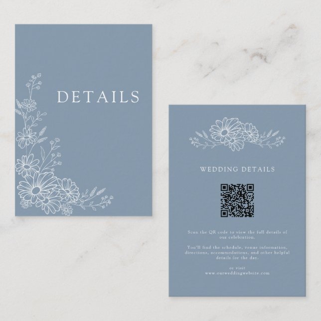 Dusty Blue Chic Botanical QR Code Wedding Details Enclosure Card (Front/Back)