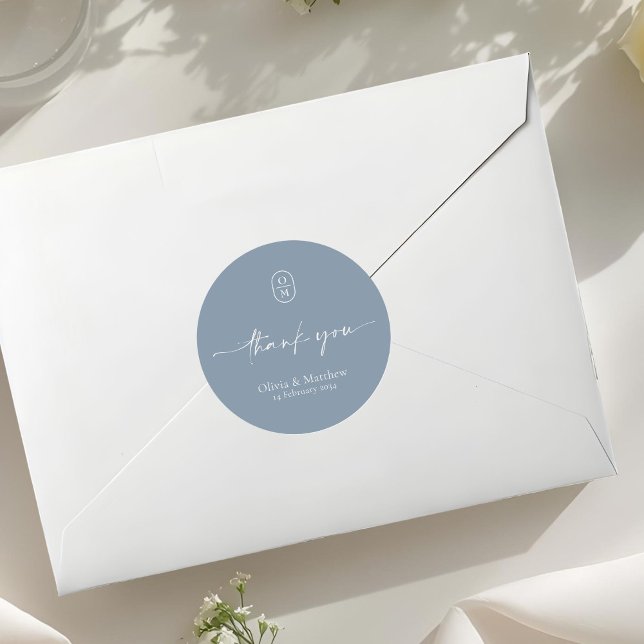 Dusty Blue | Chic & Modern Wedding Monogram  Classic Round Sticker (Creator Uploaded)
