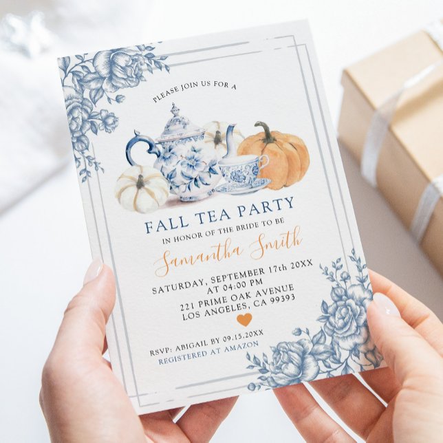 Dusty Blue Chinoiserie Autumn Pumpkin Tea Party Invitation (Creator Uploaded)