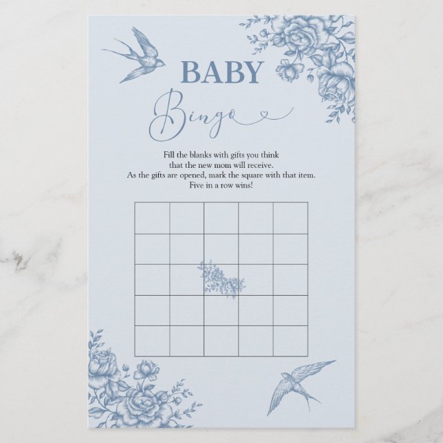Dusty Blue Chinoiserie Baby Shower Baby Bingo (Front)