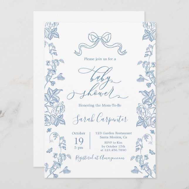 Dusty Blue Chinoiserie Baby Shower Boy Invitation (Front/Back)