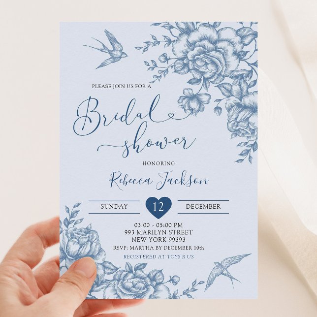 Dusty Blue Chinoiserie Bridal Vintage Floral Invitation (Creator Uploaded)