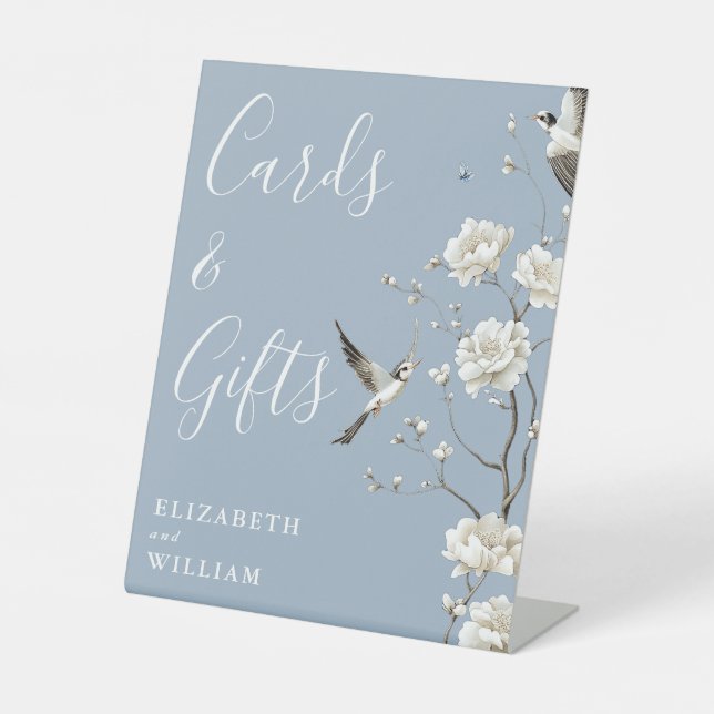 Dusty Blue Chinoiserie Cards And Gifts Wedding Pedestal Sign (Front)