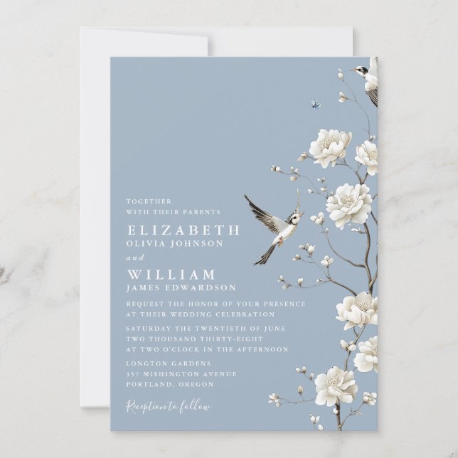 Dusty Blue Chinoiserie Floral All In One Wedding Invitation (Front)