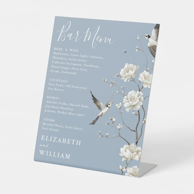 Dusty Blue Chinoiserie Floral Bar Menu Wedding Pedestal Sign (Front)