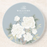 Dusty Blue Chinoiserie Floral Family Monogram Coaster<br><div class="desc">Beautiful chinoiserie-inspired design featuring elegant dusty blue and ivory white botanical flowers and greenery</div>