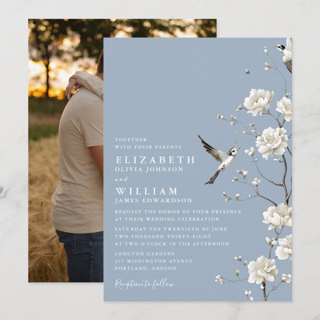 Dusty Blue Chinoiserie Floral Garden Wedding Photo Invitation (Front/Back)