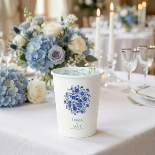 Dusty Blue Chinoiserie Floral Thank You Wedding Paper Cups