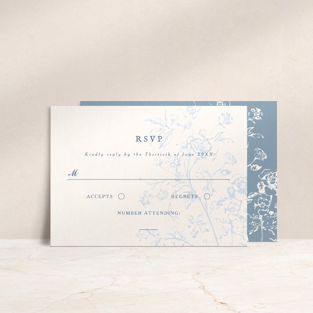 Dusty Blue Chinoiserie Floral Wedding RSVP Card  (Creator Uploaded)