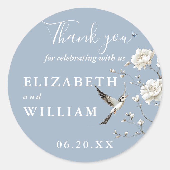 Dusty Blue Chinoiserie Floral Wedding Thank You Classic Round Sticker (Front)
