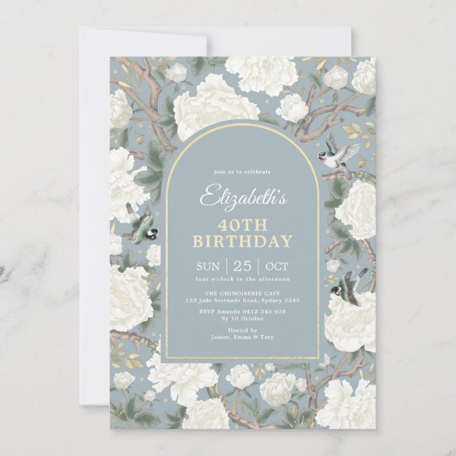 Dusty Blue Chinoiserie Floral Women 40th Birthday Invitation (Front)