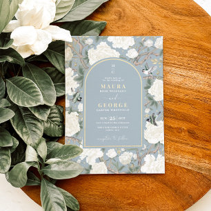 Dusty Blue Chinoiserie Flower Garden Wedding Invitation