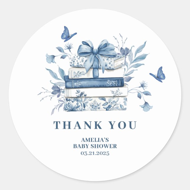 Dusty Blue Chinoiserie New chapter Baby Shower Classic Round Sticker (Front)