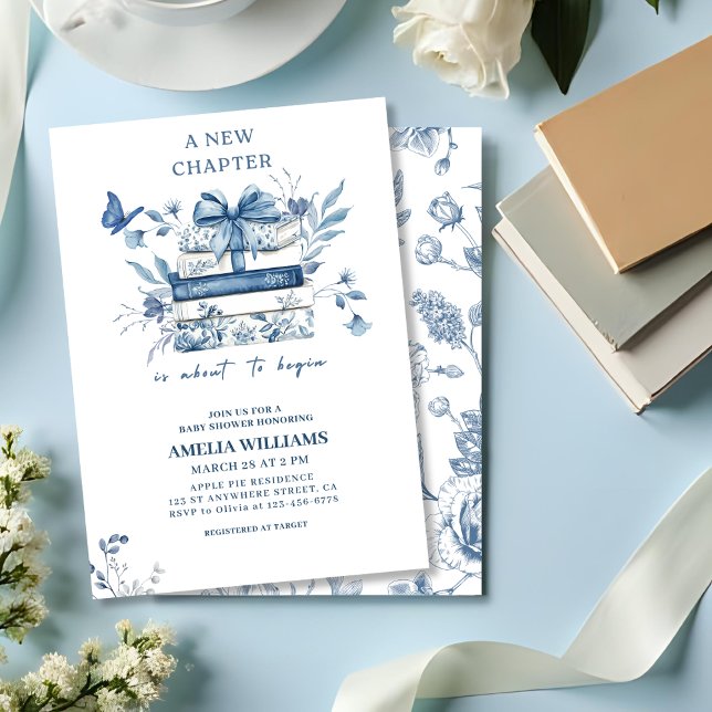 Dusty blue Chinoiserie new chapter baby shower Invitation (Creator Uploaded)