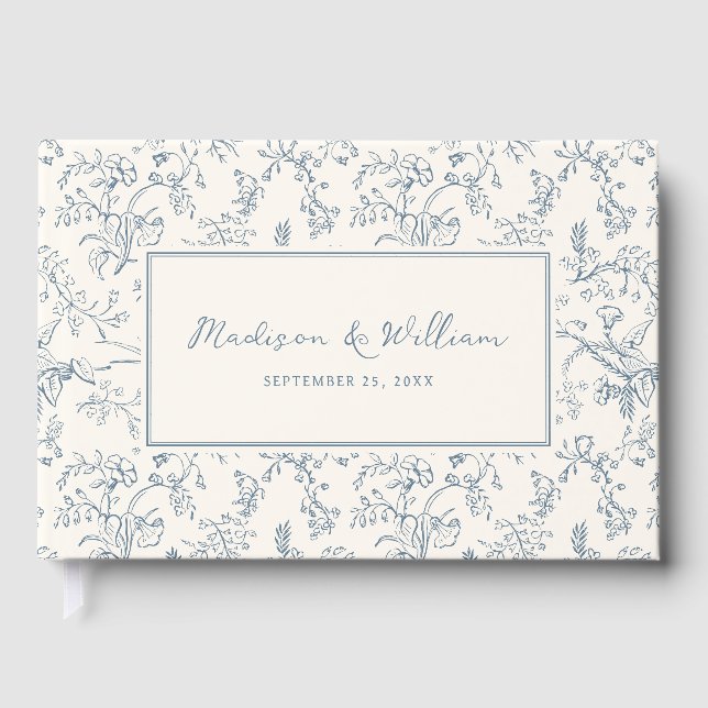 Dusty Blue Chinoiserie Pattern Wedding Guest Book (Front)
