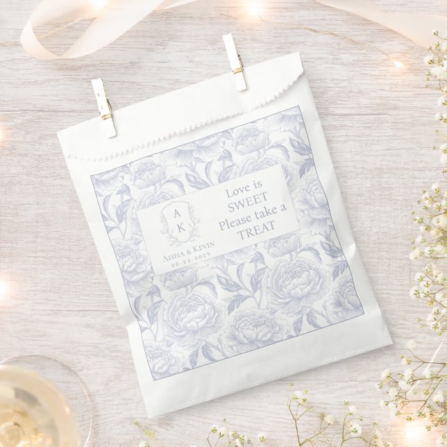 Dusty Blue Chinoiserie Peonies Love is Sweet Favour Bag (Clipped)