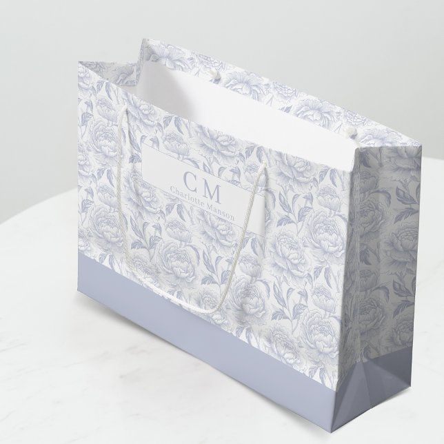 Dusty Blue Chinoiserie Peonies Monogram Large Gift Bag (Creator Uploaded)