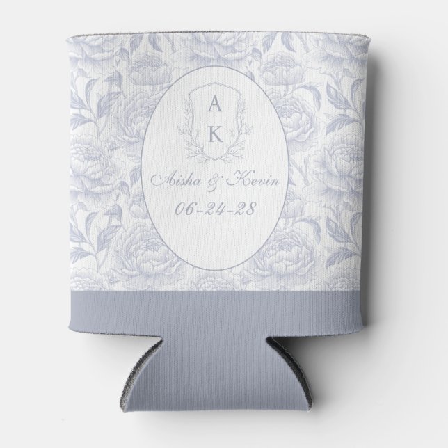 Dusty Blue Chinoiserie Peonies Monogram Wedding Can Cooler (Front)
