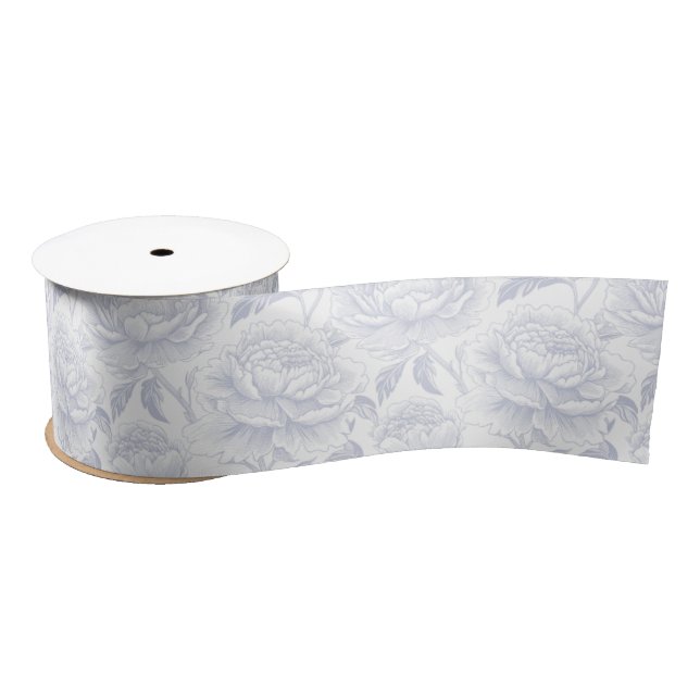 Dusty Blue Chinoiserie Peonies Satin Ribbon (Spool)