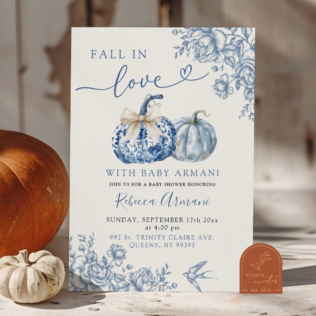 Dusty Blue Chinoiserie Pumpkin Fall In Love Shower Invitation (Creator Uploaded)