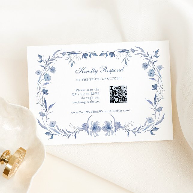 Dusty Blue Chinoiserie | QR Code Wedding RSVP Card (Creator Uploaded)