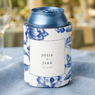 Dusty Blue Chinoiserie Square Wedding Can Cooler