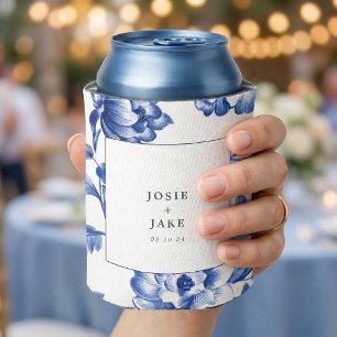 Dusty Blue Chinoiserie Square Wedding Can Cooler