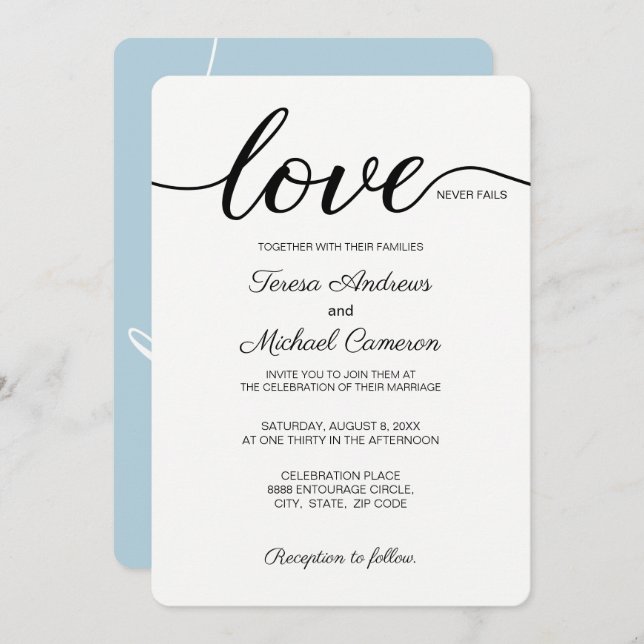Dusty blue Christian Wedding Love Never Fails Invitation (Front/Back)