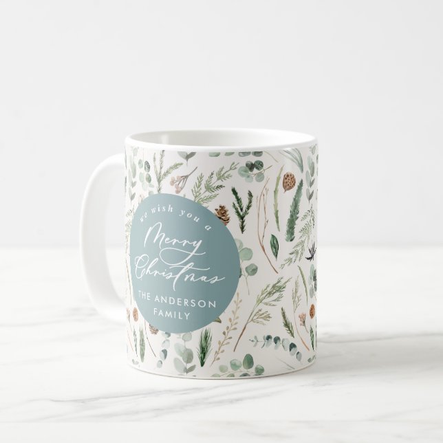 Dusty blue Christmas minimal elegant botanical Coffee Mug (Front Left)