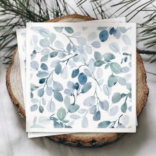 Dusty Blue Christmas Napkin with Watercolor Leaves