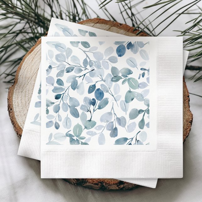Dusty Blue Christmas Napkin with Watercolor Leaves (Creator Uploaded)