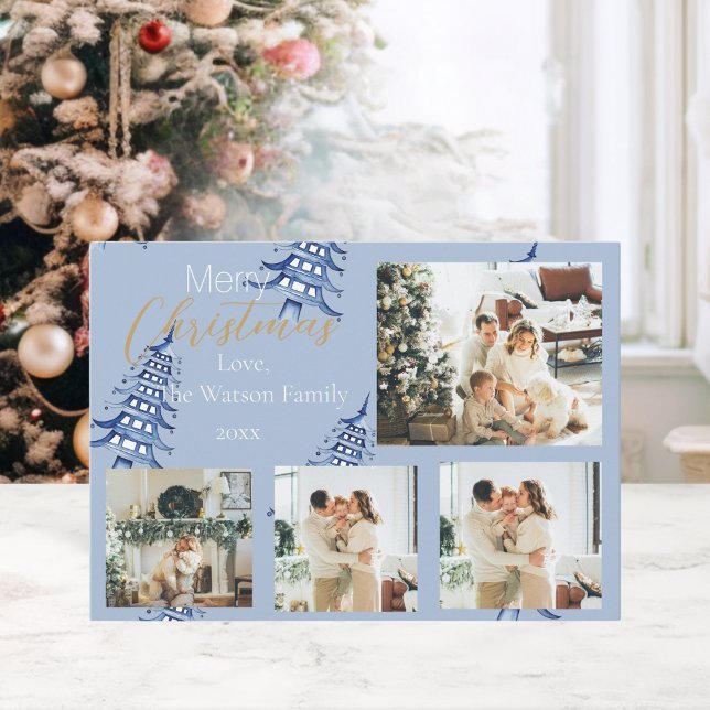 Dusty Blue Christmas Pagoda Trees 5-Photo  Holiday Card (Dusty Blue Christmas Pagoda Trees 5-Photo Holiday Card)