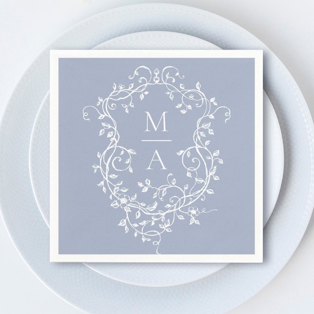 Dusty Blue Classic Floral Crest Monogram Wedding Napkin (Creator Uploaded)