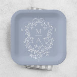 Dusty Blue Classic Floral Crest Monogram Wedding Paper Plate<br><div class="desc">Elegant French victorian blue floral wedding paper plate. For more advanced customisation of this design,  please click the DESIGN TOOL BUTTON above!</div>