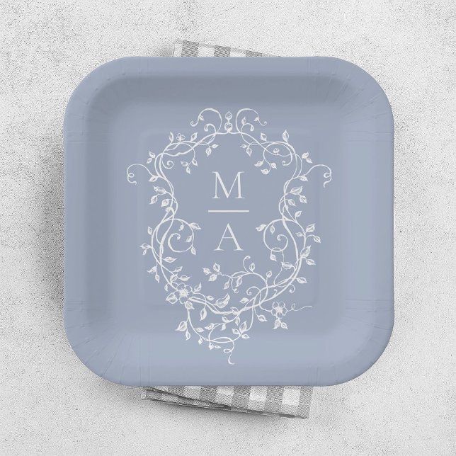 Dusty Blue Classic Floral Crest Monogram Wedding Paper Plate (Creator Uploaded)