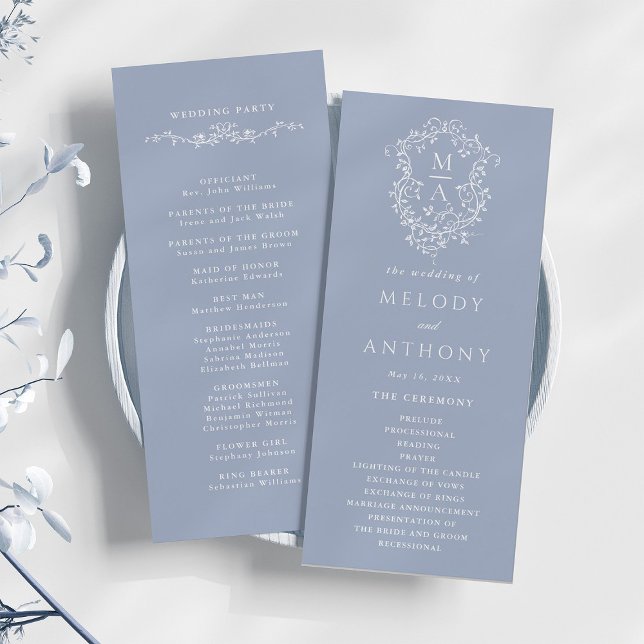 Dusty Blue Classic Floral Crest Wedding Ceremony Program (Front & Back)