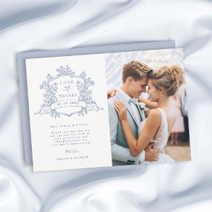 Dusty Blue Classic Floral Crest Wedding Photo Thank You Card