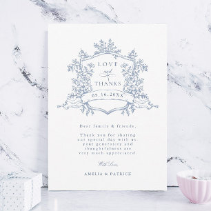 Dusty Blue Classic Floral Crest Wedding Photo Thank You Card
