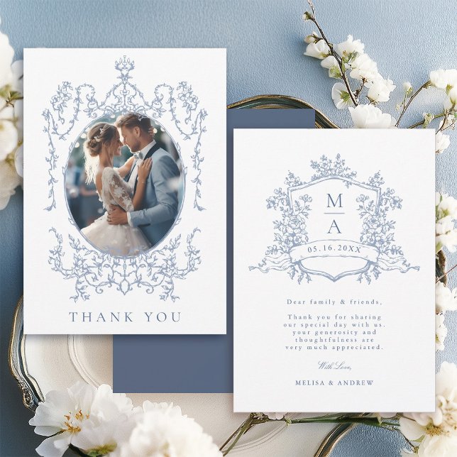 Dusty Blue Classic Floral Frame Wedding Photo      Thank You Card (Front & Back)