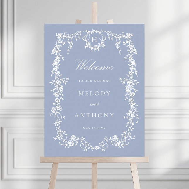 Dusty Blue Classic Floral Wedding Welcome Sign (Creator Uploaded)